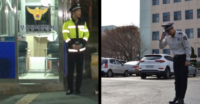 Ved første øyekast ser det ut som en vanlig politistasjon. Men se hvem som vokter porten!